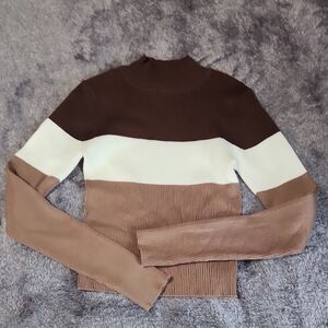 Ribbed Colorblock Mock Neck Sweater - Brown, Cream, Tan